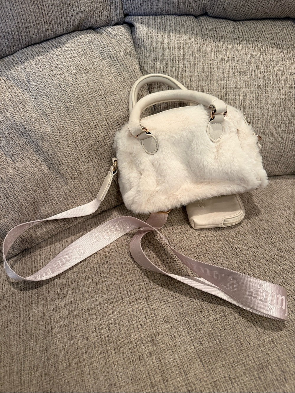 Juicy Couture Ivory Faux Fur Mini Satchel with Logo Strap & Mini Pouch - Picture 5 of 9